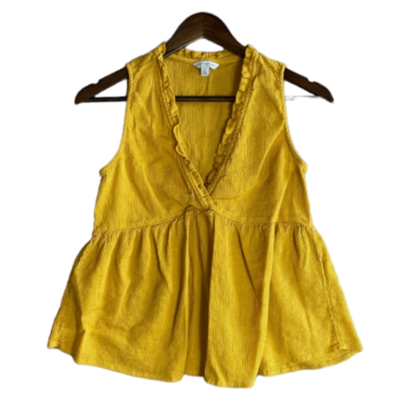 Lucky Brand Tank Top Womens Size Large Mustard Ruffle V Neck Sleeveless Peplum - Picture 1 of 2